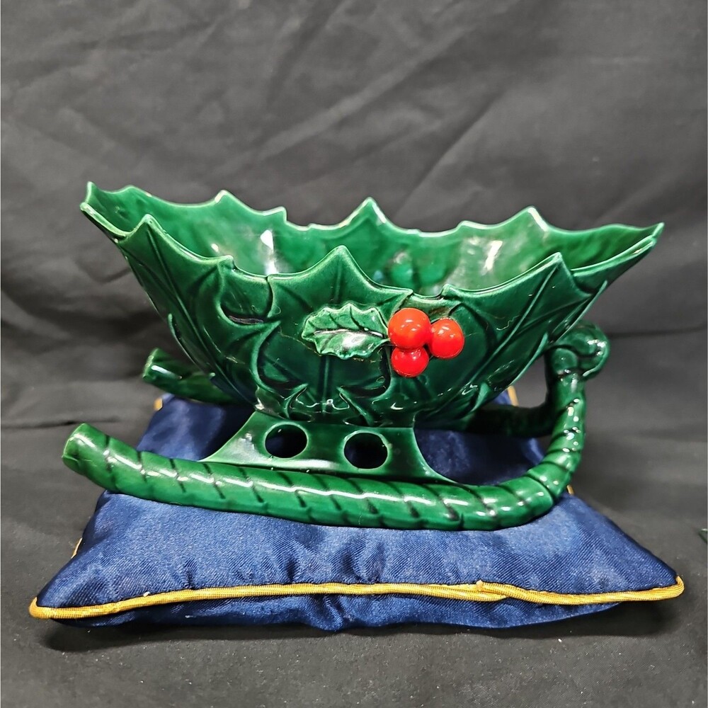 Vtg Lefton green holly santa Sleigh bowl decor
